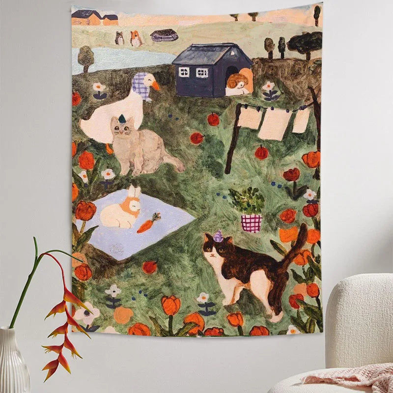 tapisserie murale animaux fleurs salon chambre polyestère lavable machine verte blanche orangée bleue marronnée