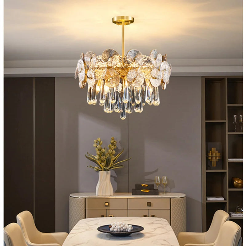 Suspension lumineuse moderne cristal doré transparent salon chambre 2000 82000 lumens