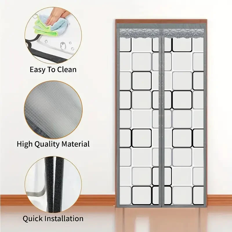 rideau magnétique porte semi transparent motif carrés blanc moderne adhésif noir marron minimaliste
