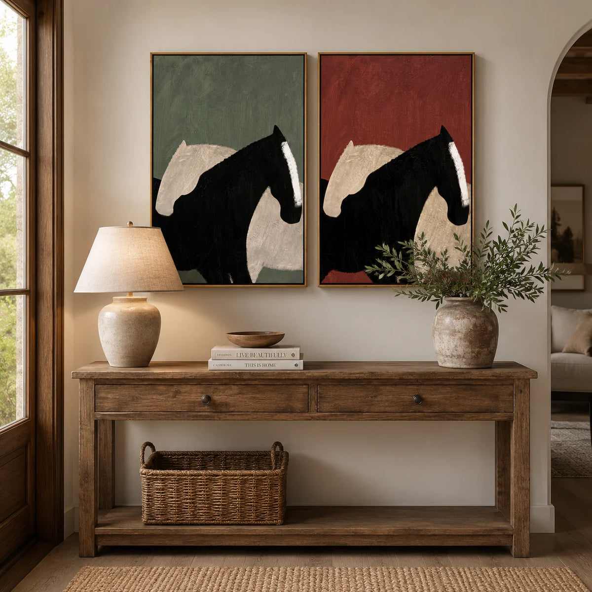 tableau abstrait cheval noir moderne minimaliste toile sans cadre vertical
