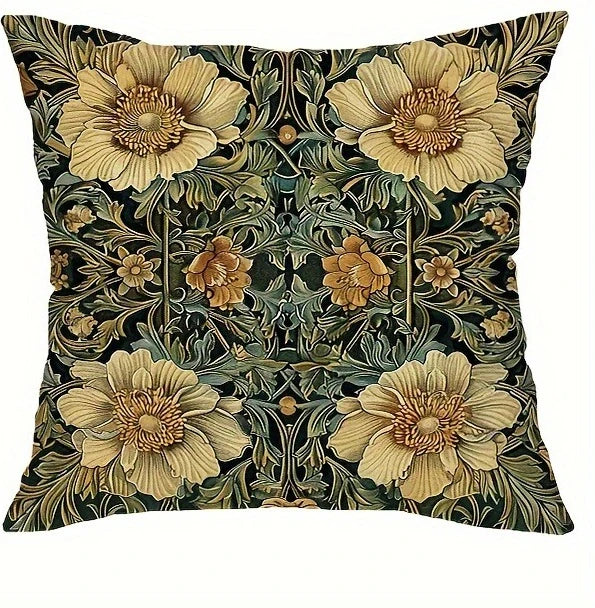 housses coussin vintage floral oiseaux tissu polyester beige vert orange jaune bleu décoratif