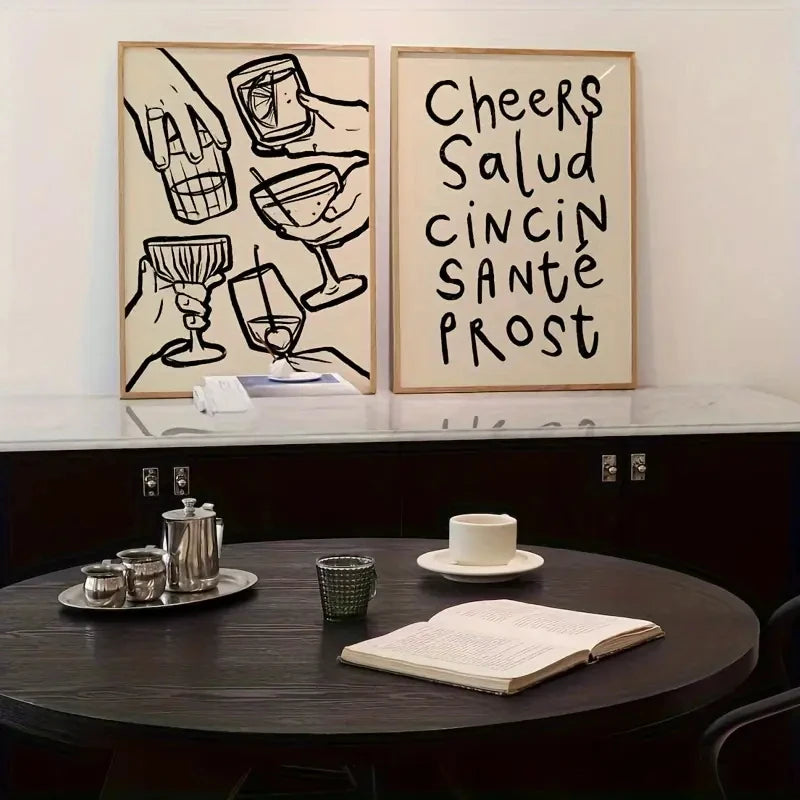 affiches murales modernes cheers salud cincin santé boissons verres beige clair noir minimaliste
