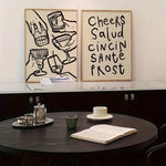 affiches murales modernes cheers salud cincin santé boissons verres beige clair noir minimaliste