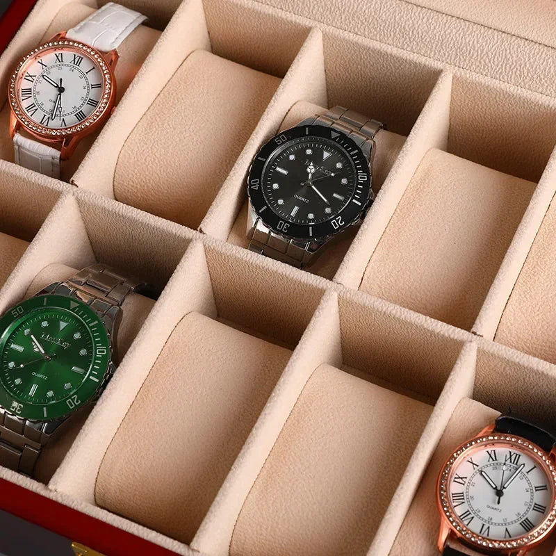 boîtes montres bois rouge foncé classique poignées dorées rangement voyage 12 fentes organizer bijoux