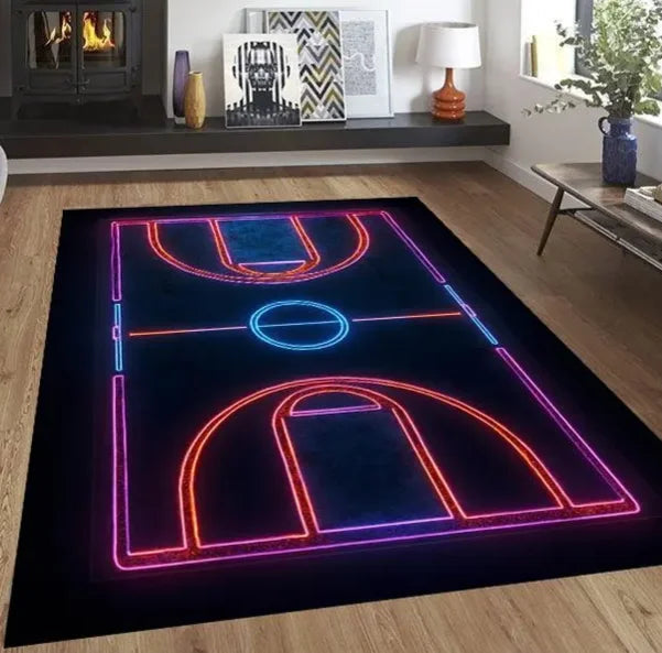 tapis moderne basket noir blanc motifs parquet sportif extérieur salon chambre bleu violet rouge