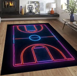 tapis moderne basket noir blanc motifs parquet sportif extérieur salon chambre bleu violet rouge