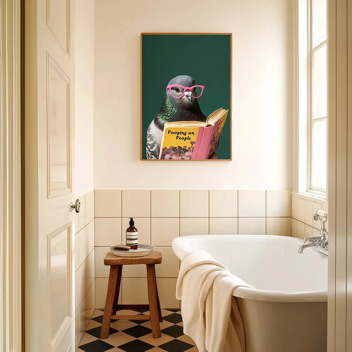 affiche murale humoristique oiseau livre texte moderne salle bain décoration maison vert foncé gris