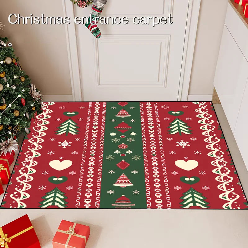 Un tapis d'entrée de Noël avec des motifs et symboles festifs tels que des arbres de Noël, des flocons de neige et des formes géométriques en rouge et vert sur un fond blanc, créant une ambiance chaleureuse et accueillante pour la période des fêtes.