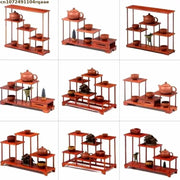 étagère bois rouge objet collection céramique figurine asiatique traditionnel présentoir thé