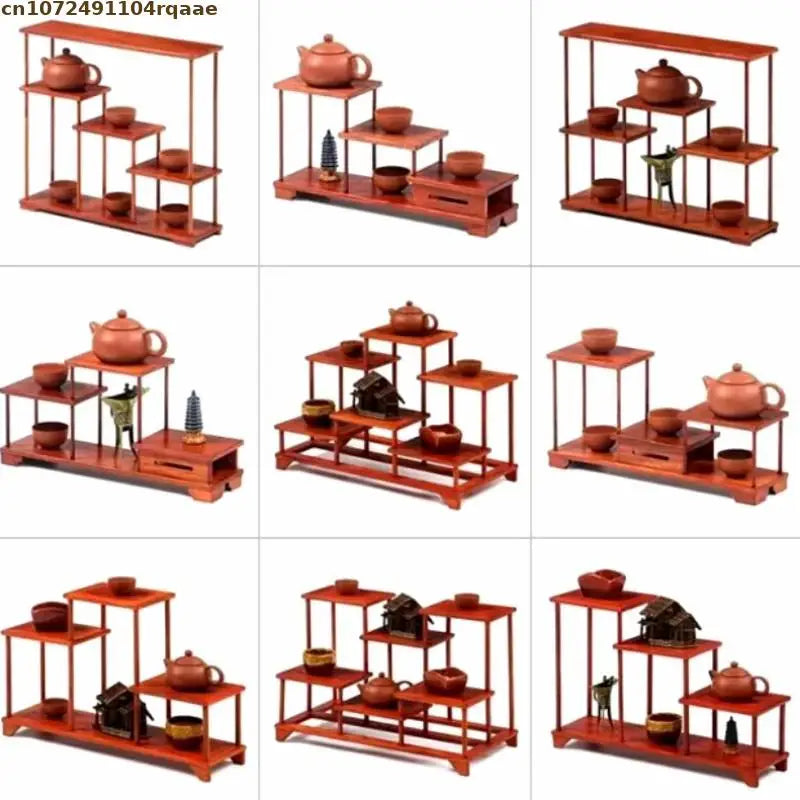 Étagère bois rouge moderne assiettes théières vases figurine display stand deux niveaux farmhouse