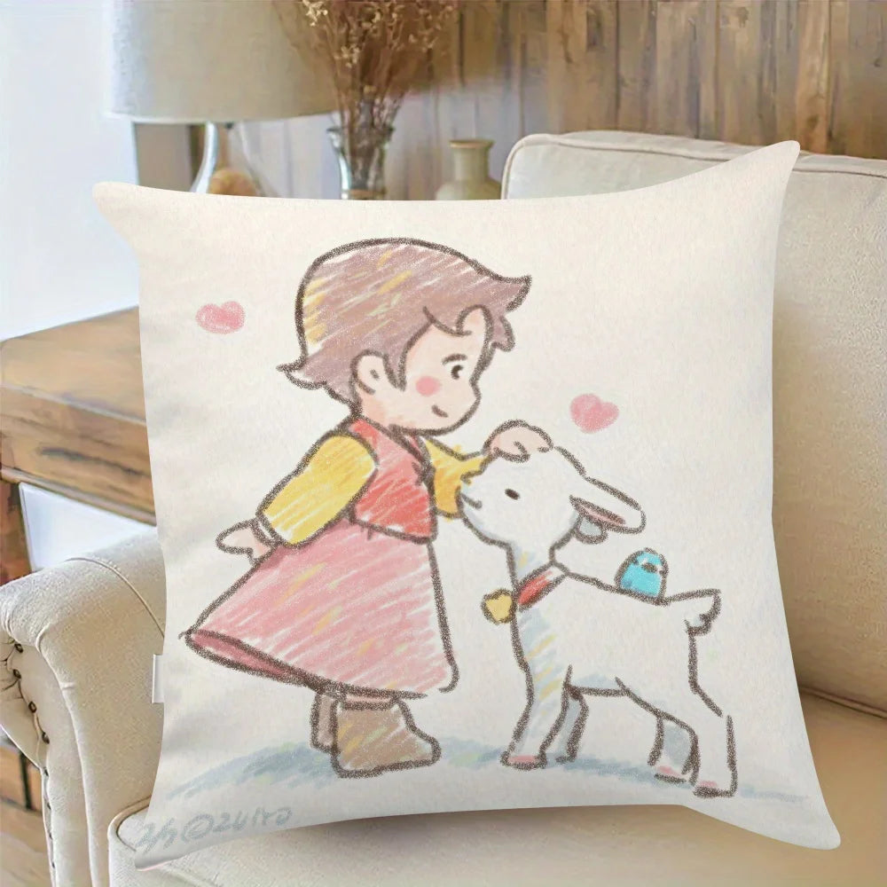 housse coussin carré heidi dessin fille mouton cartoon blanc décoratif siège voiture polyester lavable