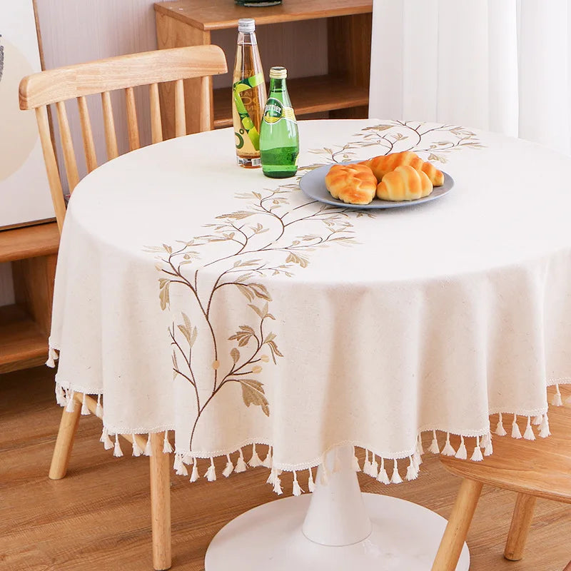 nappe table lin broderie végétale feuilles branches tassellettes classique beigeclair réutilisable machineextérieurhôtelmarriages