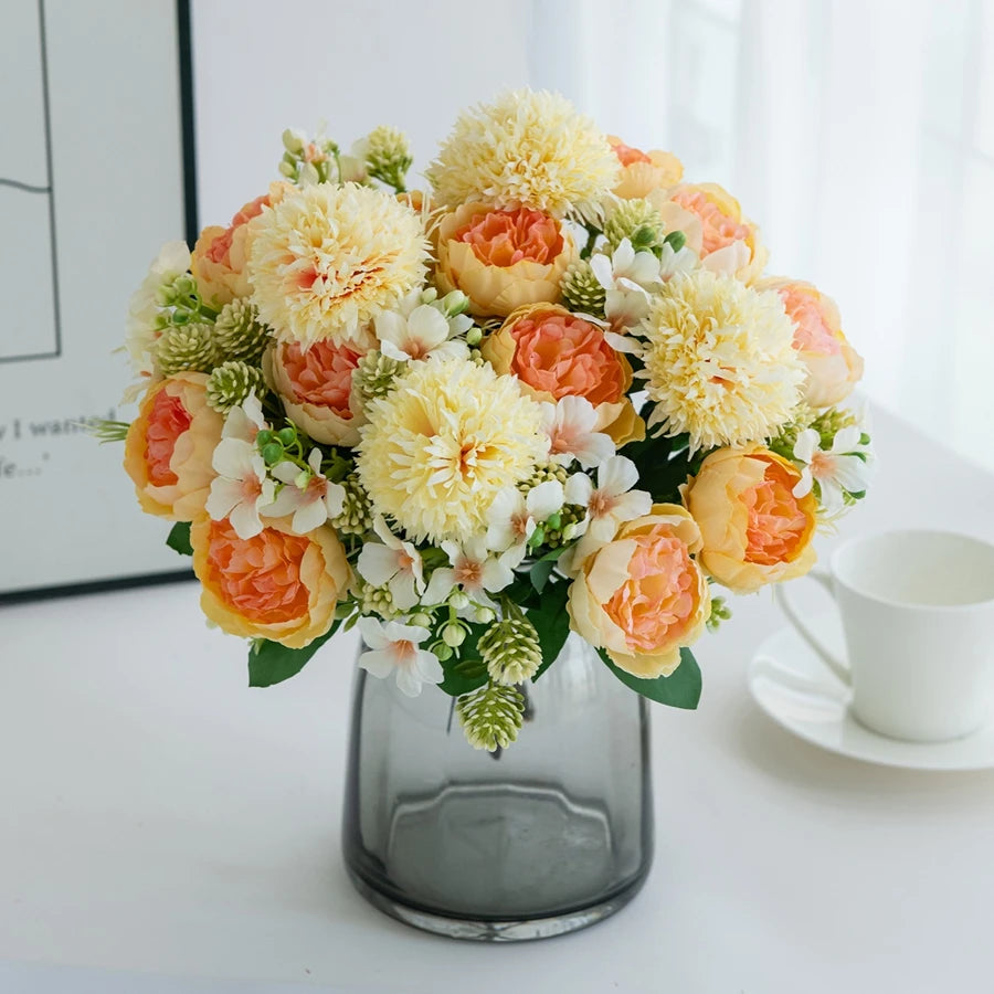 bouquet fleurs artificielles soie orange blanc rose bleu vert classique intérieur décoration maison anniversaire