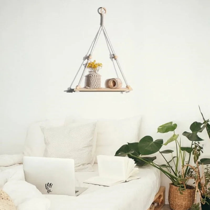 étagère suspendue macramé bois boho décor chambre salon nursery plantes anneaux métal