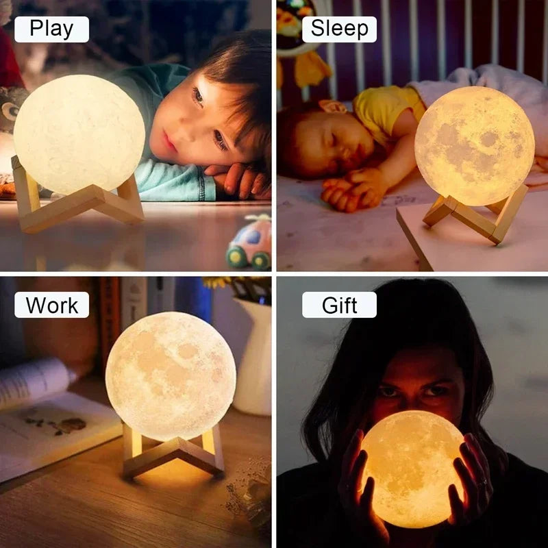 veilleuse lune led blanc moderne support bois chambre enfants lumière douce