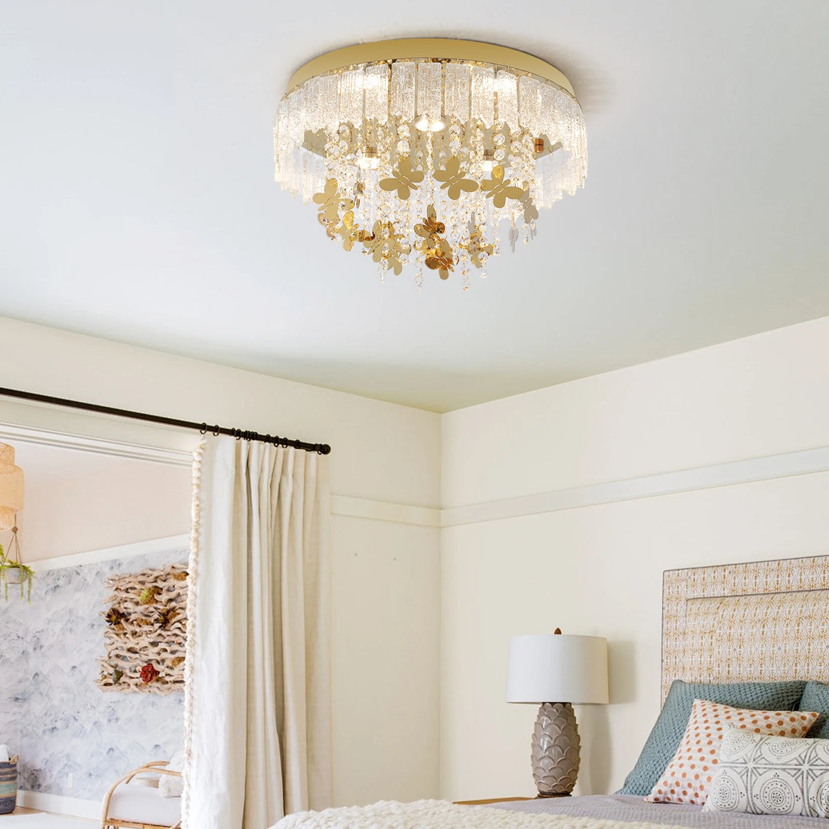 lustre moderne doré cristal papillons transparent led salon chambre éclairage contemporain facile
