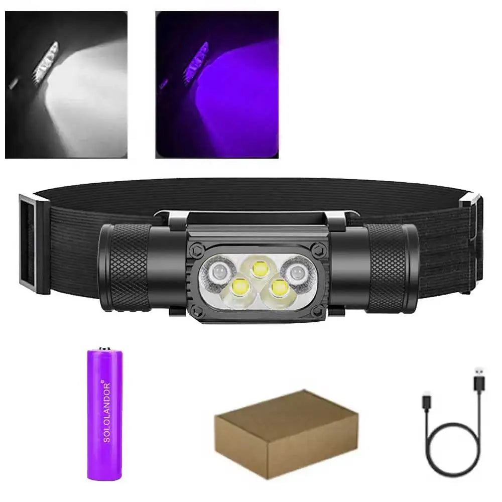 lampe frontale uv rechargeable led 18650 batterie type camping chasse