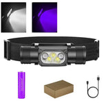 lampe frontale uv rechargeable led 18650 batterie type camping chasse