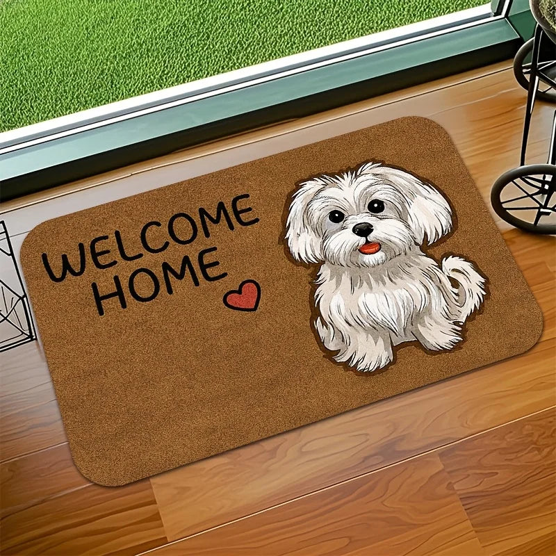 tapis d'entrée moderne marron clair chien blanc cœur rouge welcome antidérapant lavable machine durable