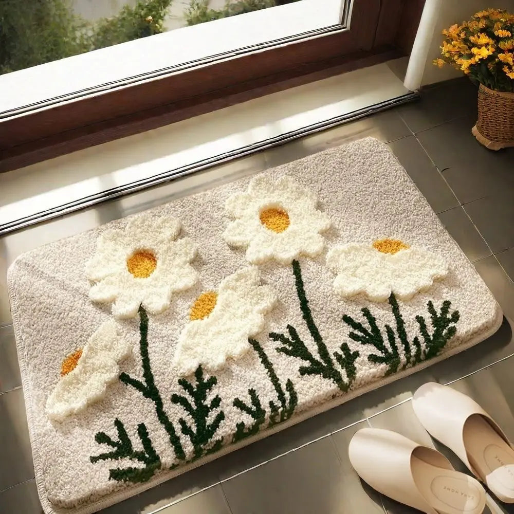 tapis sol fleurs naturel beige blanc vert salle bain intérieur antidérapant durable polyester feutre