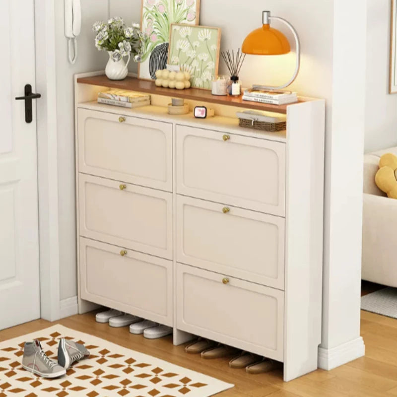 meuble chaussures moderne compartiments étagère beige clair panneaux mdf rangement minimaliste entrée