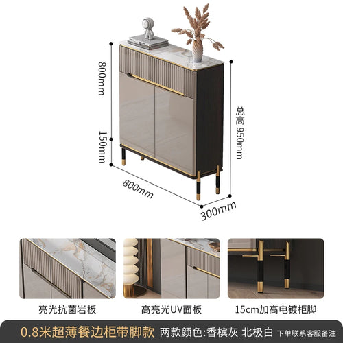 meuble rangement moderne beige marbre lignes dorées buffet étroit tiroir porte salon