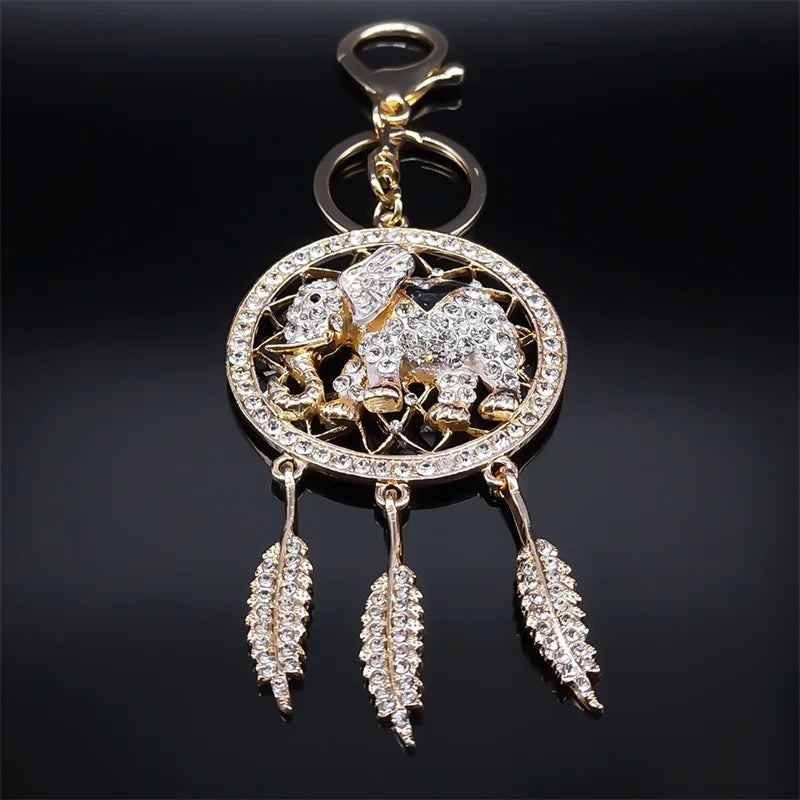porte clés or rose éléphant plumes strass bohème ethnique métal plaqué argent décoration intemporelle