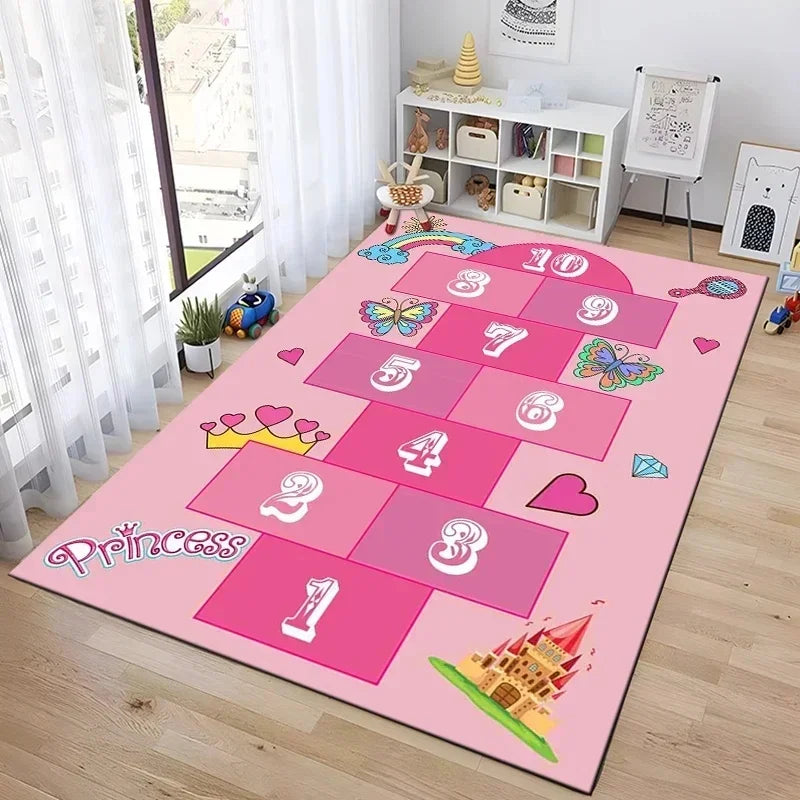 tapis jeu enfant interactif motif princesses animaux chateau rose bleu gris chambre deco
