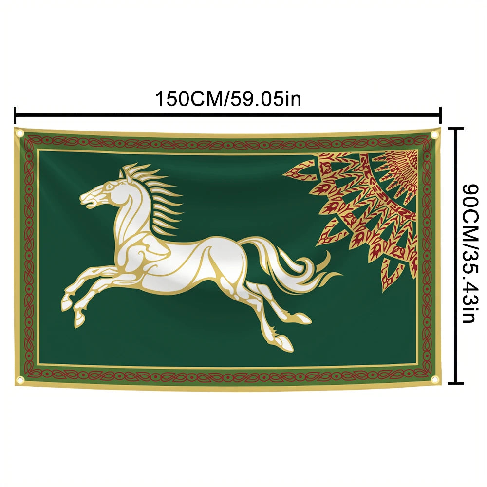 tapisserie artisanale vert foncé cheval galopant feuilles stylisées dorés décoration intérieure traditionnelle