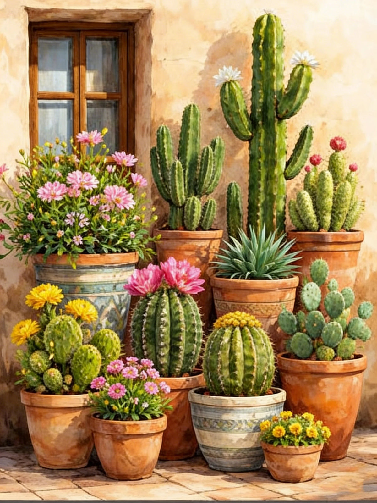 tableau peindre cactus fleurs multicolore vert jaune rose bleu art rue paysage urbain diy