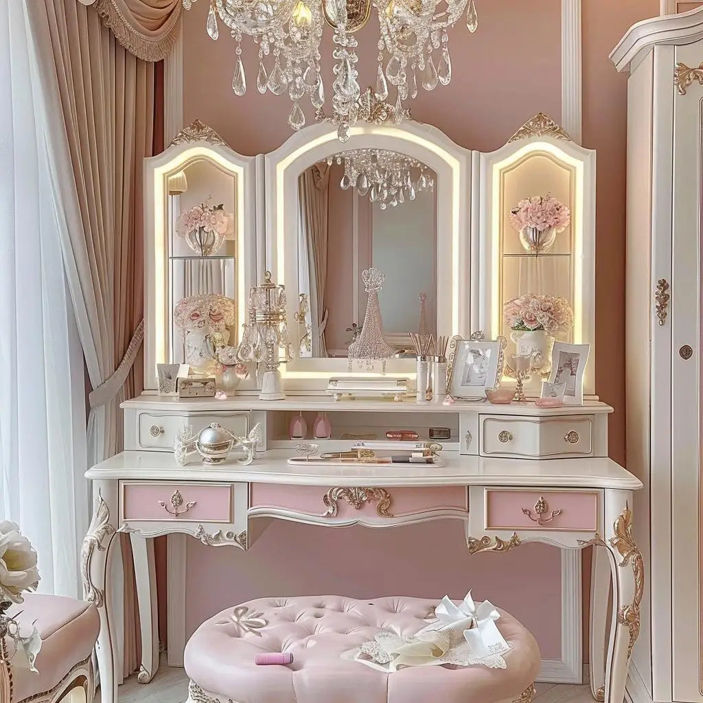 coiffeuse baroque miroir tiroirs éclairés rose poudré blanc crème doré