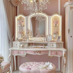coiffeuse baroque miroir tiroirs éclairés rose poudré blanc crème doré
