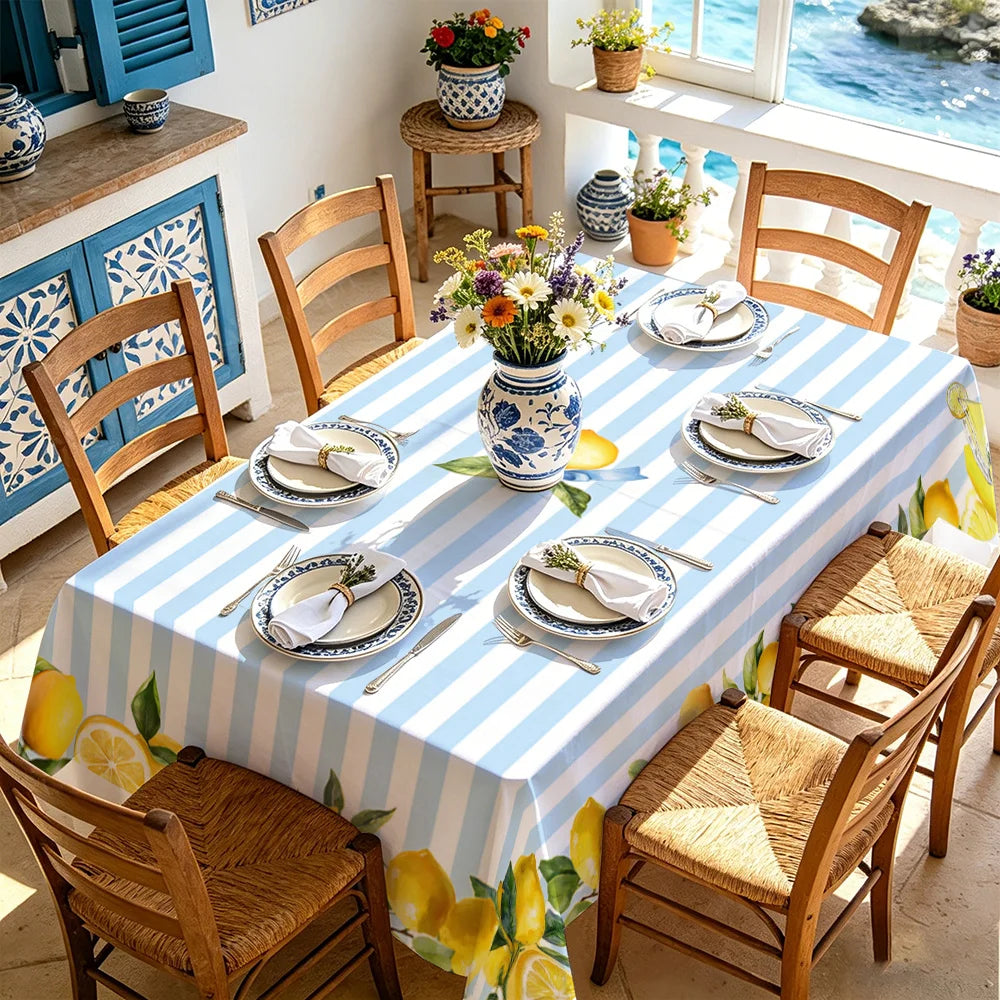 nappe rayée bleue blanche citrons moderne table dextérieur mariage restaurant