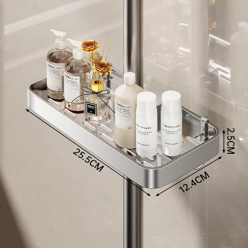 étagère douche moderne aluminium gris lisse salle bain fixée sans percer plateau shampooing cosmétique