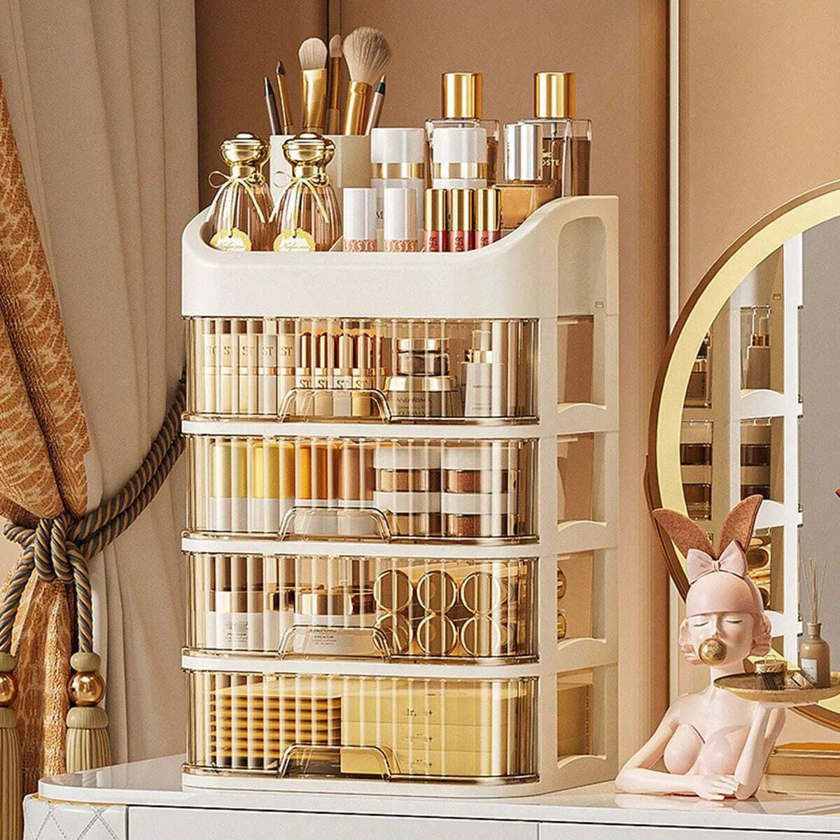 rangement cosmétiques transparent blanc doré moderne étages maquillage tiroirs pinceaux rouge lèvres