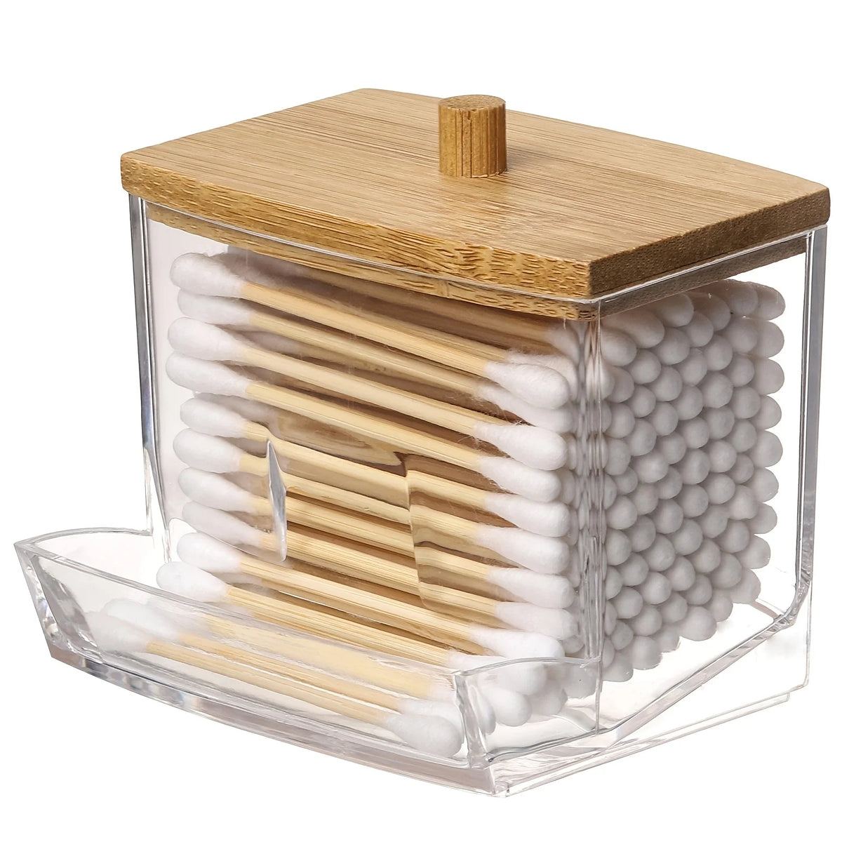 boîte coton tiges transparent bois moderne minimaliste rangement stock visible élégant pratique