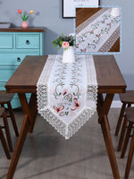 nappe brodée papillons motifs floraux bordure dentelle semi transparente blanc crème verte rouge automne