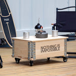 table basse vintage industrielle bois roulettes accessoires métal gris rectangle multifonctionnelle assemblage