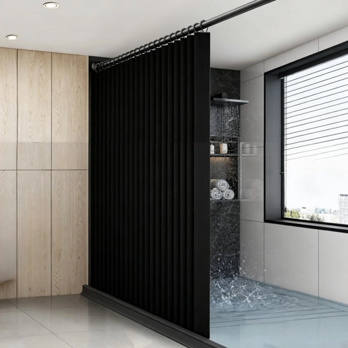 rideau douche moderne blanc noir texturé rayures verticales opacité chambre bain respectueux environnement