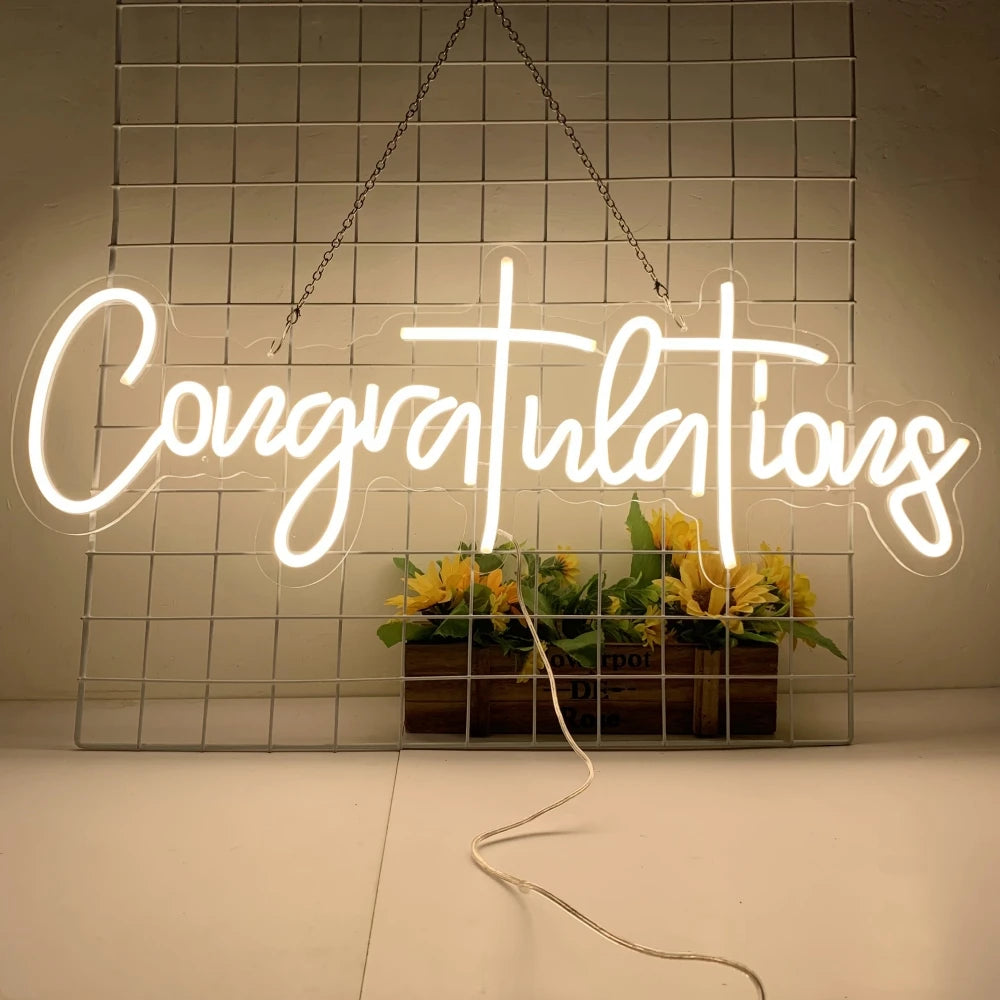 néon lumineux blanc congratulations moderne transparent chaîne câble électrique 76x28cm