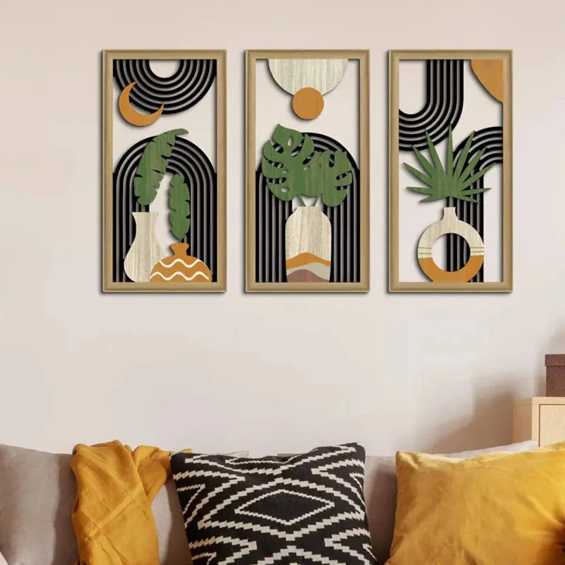 tableaux abstraits modernes bois noir blanc vert feuilles demi lunes dorées minimaliste