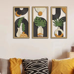 tableaux abstraits modernes bois noir blanc vert feuilles demi lunes dorées minimaliste