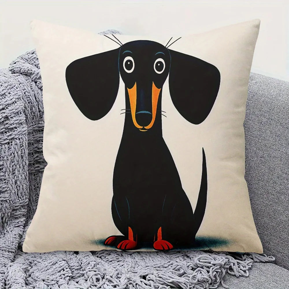 housse coussin carrée motif chien cartoon beige oeil blanc museau orange pattes rouges polyester