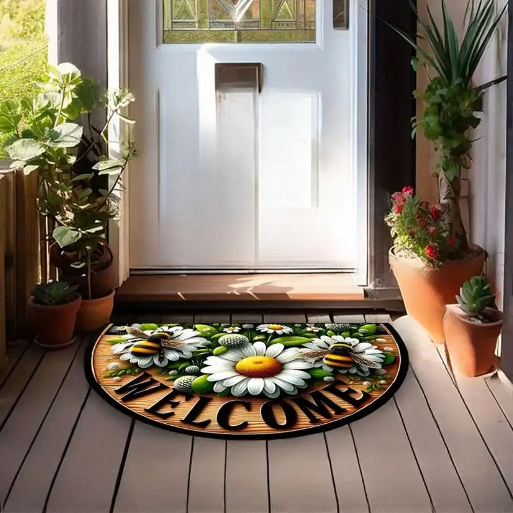tapis porte demi rond antidérapant motif floral polyester absorbant intérieur extérieur bienvenue déco
