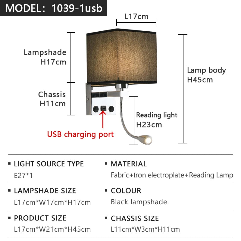 lampe murale moderne led usb interrupteur tissu blanc beige noir