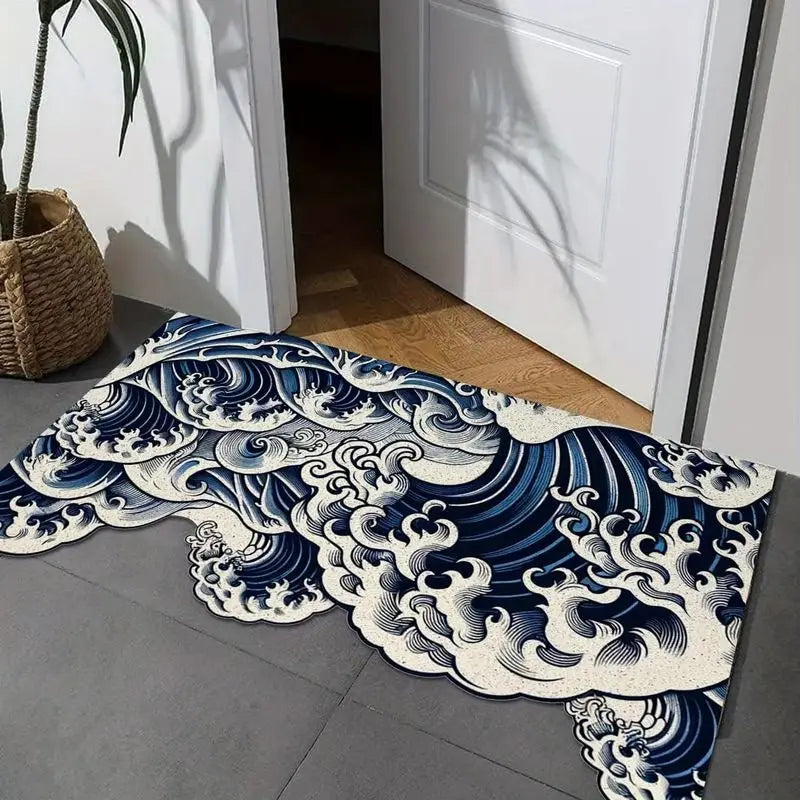tapis moderne ondes bleu blanc intérieur extérieur résistant décoration entrée garage