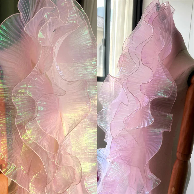 tissu voile semi transparent rose pâle vert iridescent moderne élégant rayures fines dentelle polyester