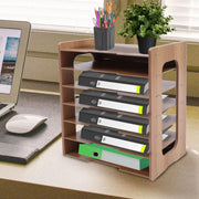 rangement étages bois grainé moderne classeurs couleurs pot crayons plante horloge