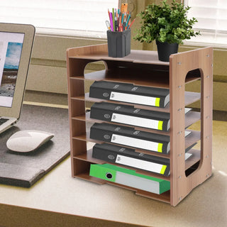 rangement étages bois grainé moderne classeurs couleurs pot crayons plante horloge