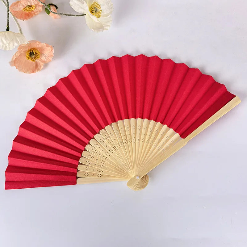 éventail pliant bambou rouge bleu vert violet orange jaune classique poignée bois papier uni